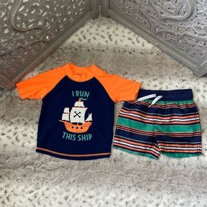 Carter’s beach set boys 2T I Run This Ship rashguard swim trunks pirates summer